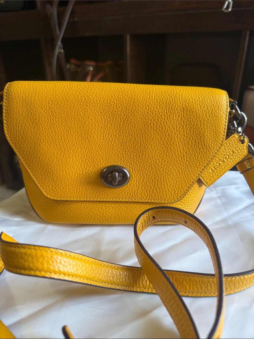 Coach Yellow Pebbled Leather Crossbody Bag with Turnlock